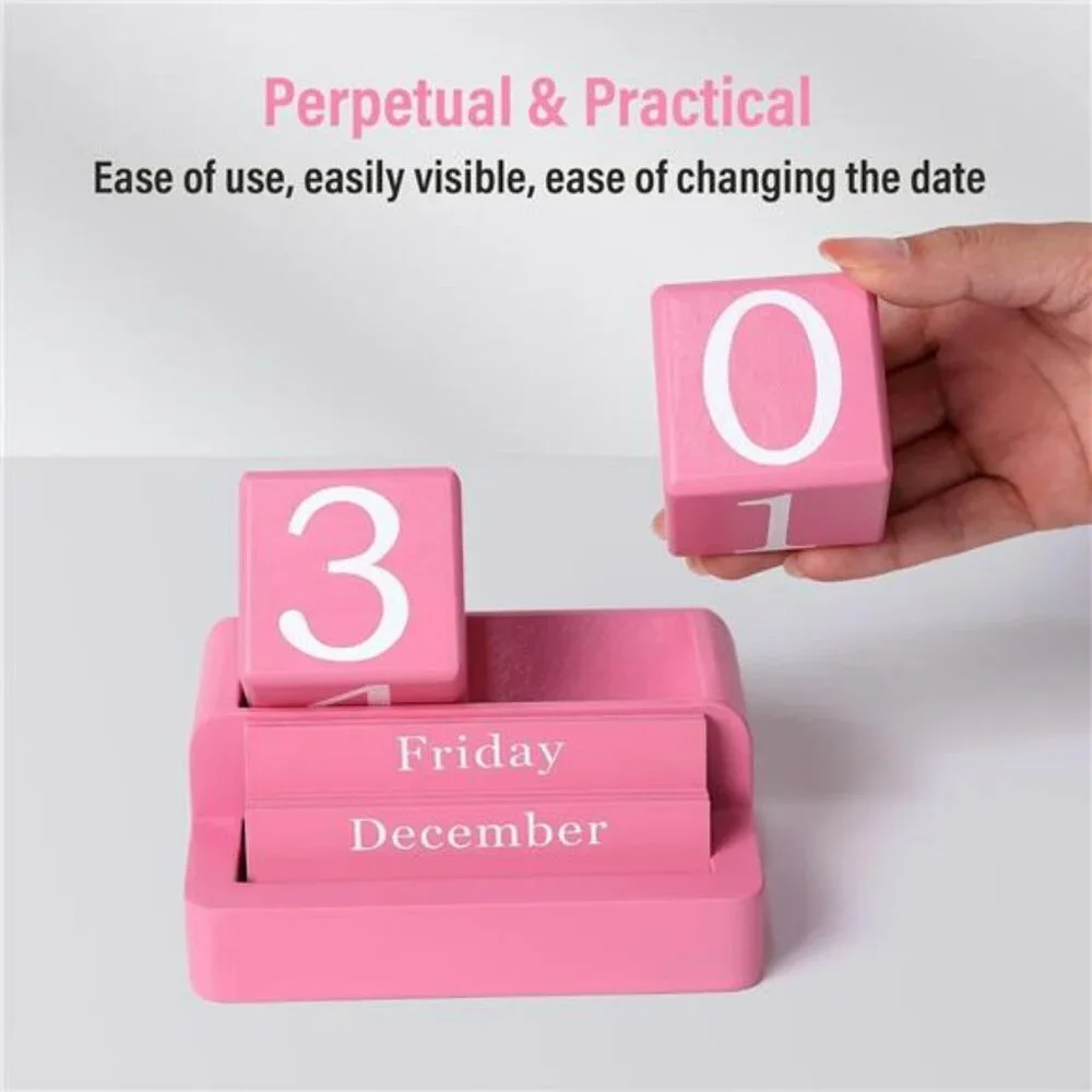 Wooden Block Perpetual Desk Calendar Reusable Date Display Home Office Decor